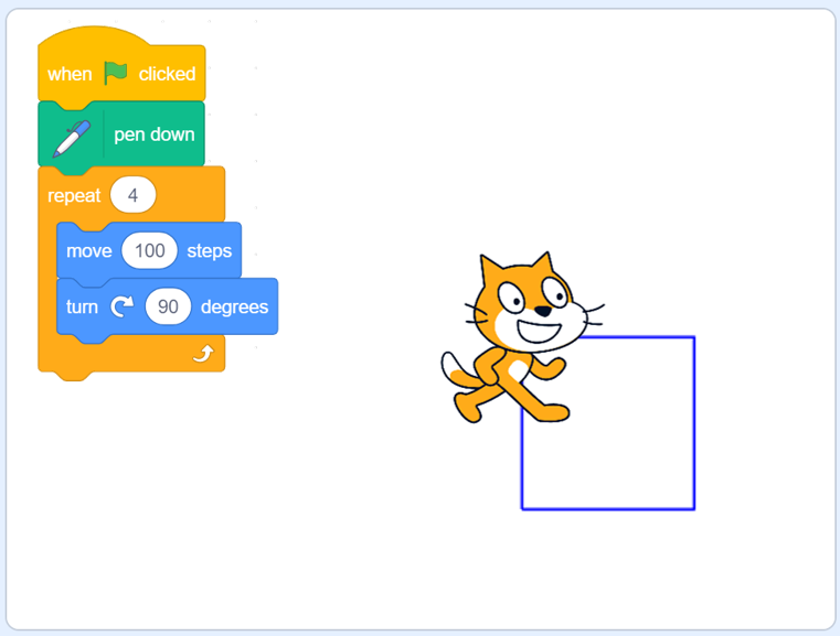 Simple solution, using a repeat loop, to creating a square using the turtle library in Scratch.